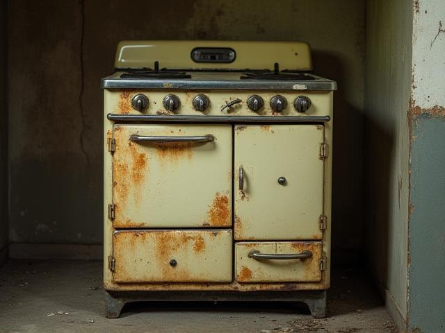 Cuisinière vintage avant restauration, rouillée et sale